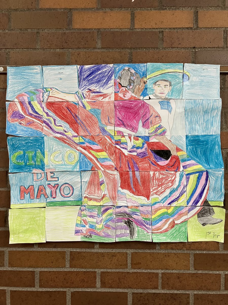 FLWWILDCATS's tweet photo. Mrs. Cunningham’s global Cultures classes spent a week learning about Cinco de Mayo and used their knowledge of Spanish colors/part of our Spanish alphabet/numbers/colors to work together as a class to create collaborative murals.#flwwildcats #wildcatwow #wawmproud #TheWestWay https://t.co/GlCcU5vcbA