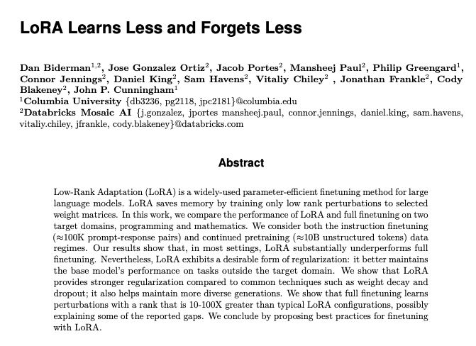 LoRA Learns Less and Forgets Less Low-Rank Adaptation (LoRA) is a widely-used parameter-efficient finetuning method for large language models. LoRA saves memory by training only low rank perturbations to selected weight matrices. In this work, we compare the performance of