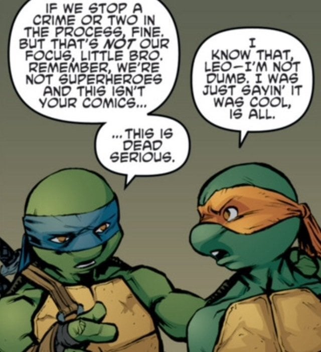 I can't find the Laird (or eastman) quote about the turtles not being suoerheroes but while searching I was reminded of this panel and it sums up how I feel about that topic as well