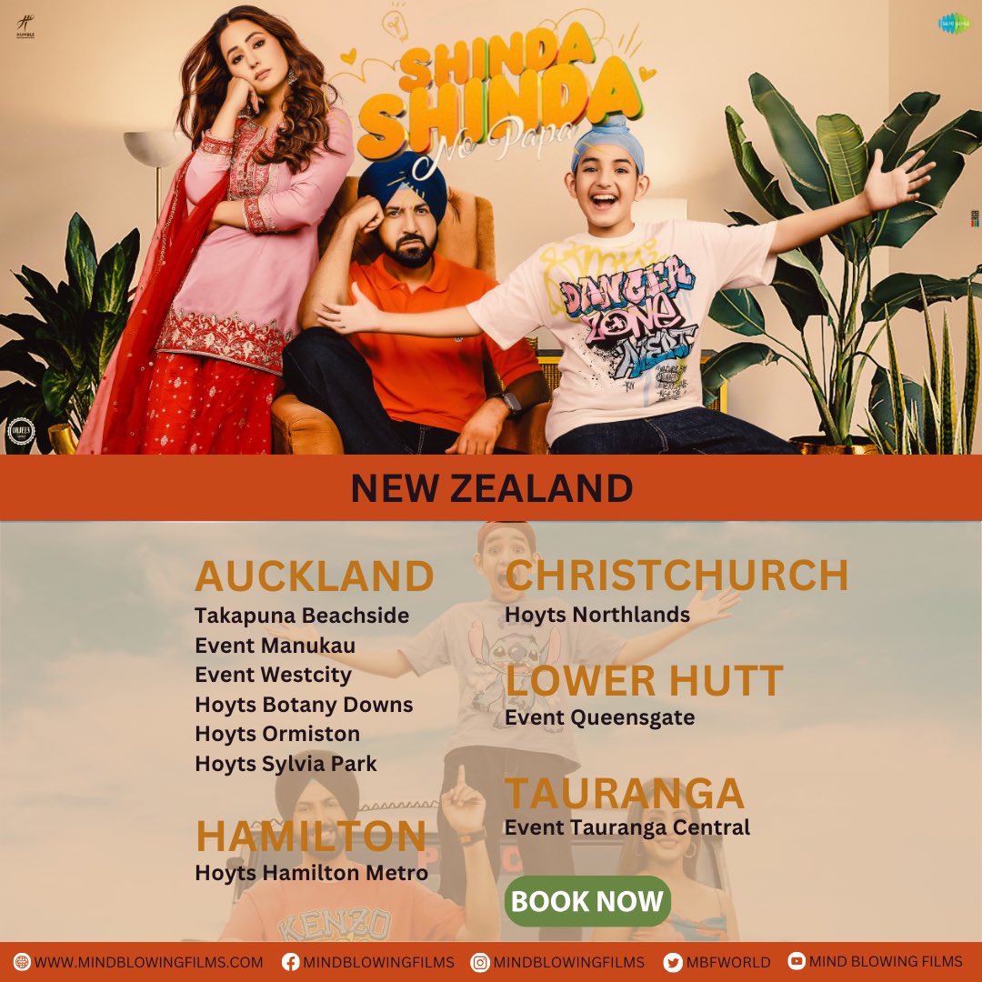 New Zealand! Week 2 Cinema list for Shinda Shinda No Papa out! #Shindashindanopapanowplayingincinemas in Punjabi with English subtitles @GippyGrewal #realhinakhan #munishomjee @OmjeeGroup @humblemotionpic @YoodleeFilms #saregamapunjabi