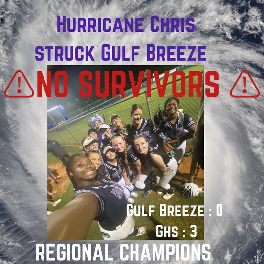 Gulf Breeze suffered a direct hit from Hurricane Chris! The Lady Canes move on to the Final Four! 
#regionalchamps🏆 #statebound
@SBRRetweets @FHSAA @ExtraInningSB @fastpitchwatch