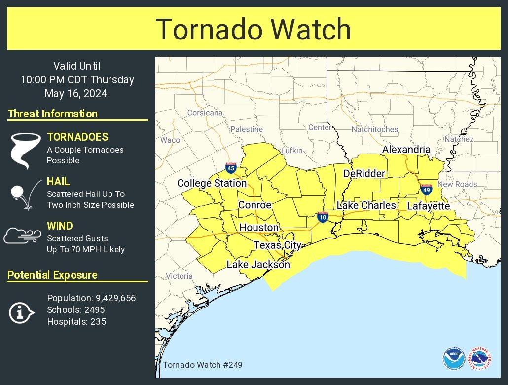 #Tornadowatch for SE #Texas,SW #Louisiana esp #Lafayette,#LakeCharles,#AlexandriaLA,#Beaumont,#Houston,#PasadenaTX,#TheWoodlands,#SugarLand,#Pearland,#Galveston,#CollegeStation,#BryanTX
#Wxtwitter #Severewx #Hail #Wind #Tornado #SPC #Wxx #TXwx #HOUwx #GLSwx #BCSwx #LAwx