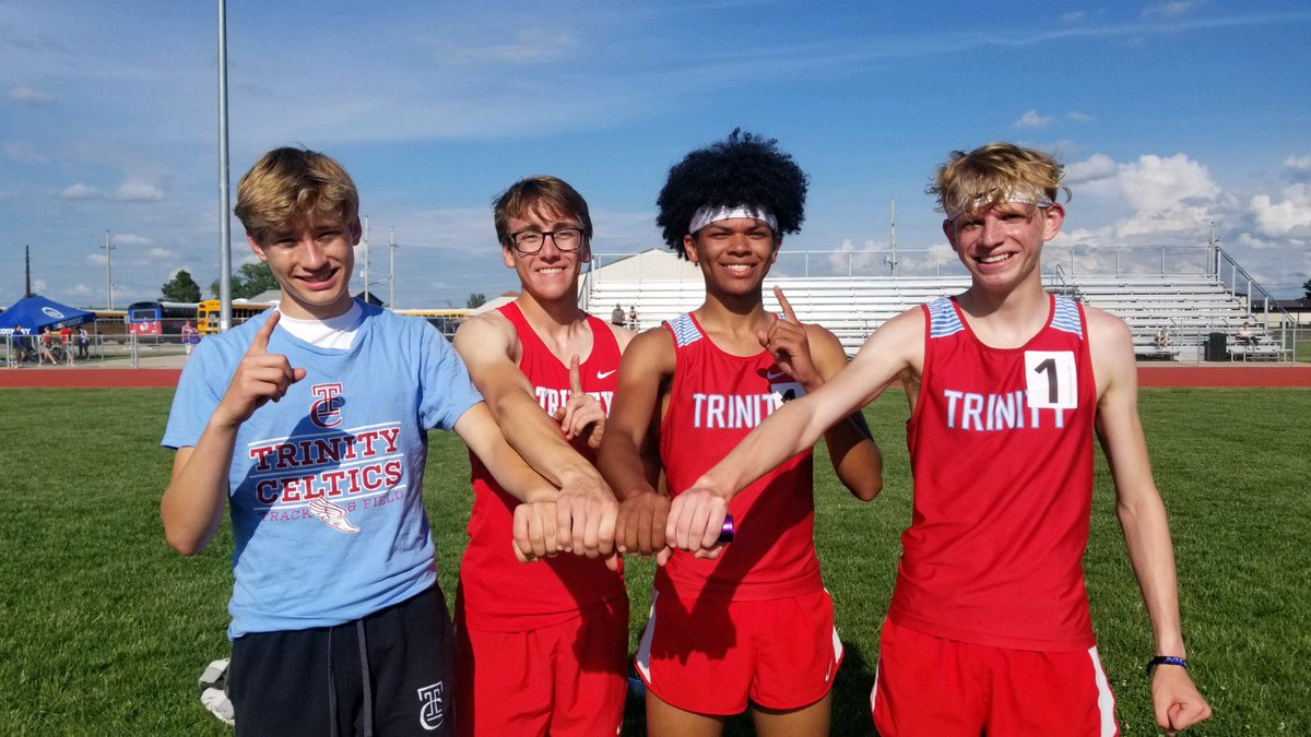 TrinityCatholic's tweet photo. State TC Track Qualifiers!! 

I Hammersmith in HJ (6'), John &amp; Jacob Lindstrom in 1600m (4:45.6  4:45.8), Kiser, Pennycuff, Alvarez, Ryan in the 4x800 - Regional CHAMPS (8:22), M Ryan in the 800m (2:06) &amp; 4x400 team of Pennycuff, Kiser, Ryan, and Guajardo (3:34) Congratulations! https://t.co/Pa6bPdPgoC