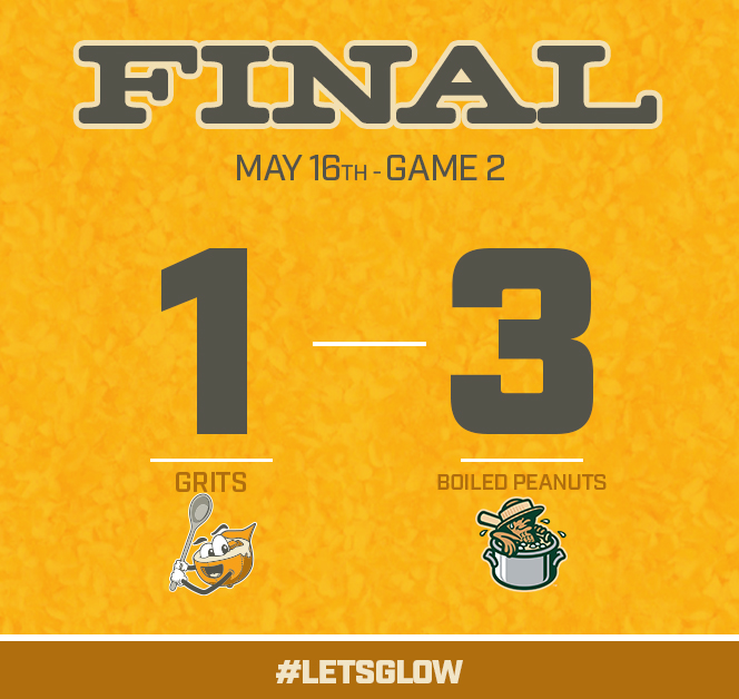The Grits score 1 in the 6th but it wasn't enough to secure a victory, falling 3-1 to the Boiled Peanuts, splitting tonight's double header one win a piece After both games tonight, the Fireflies sit tied with Fayetteville for the first place spot in the division