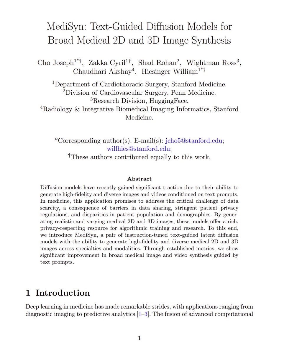 MediSyn: Text-Guided Diffusion Models for Broad Medical 2D and 3D Image Synthesis

abs: arxiv.org/abs/2405.09806

Two instruction-tuned text-guided latent diffusion models, one for 2D medical images and one for 3D medical images. Trained on a dataset of 5.7 million 2D medical