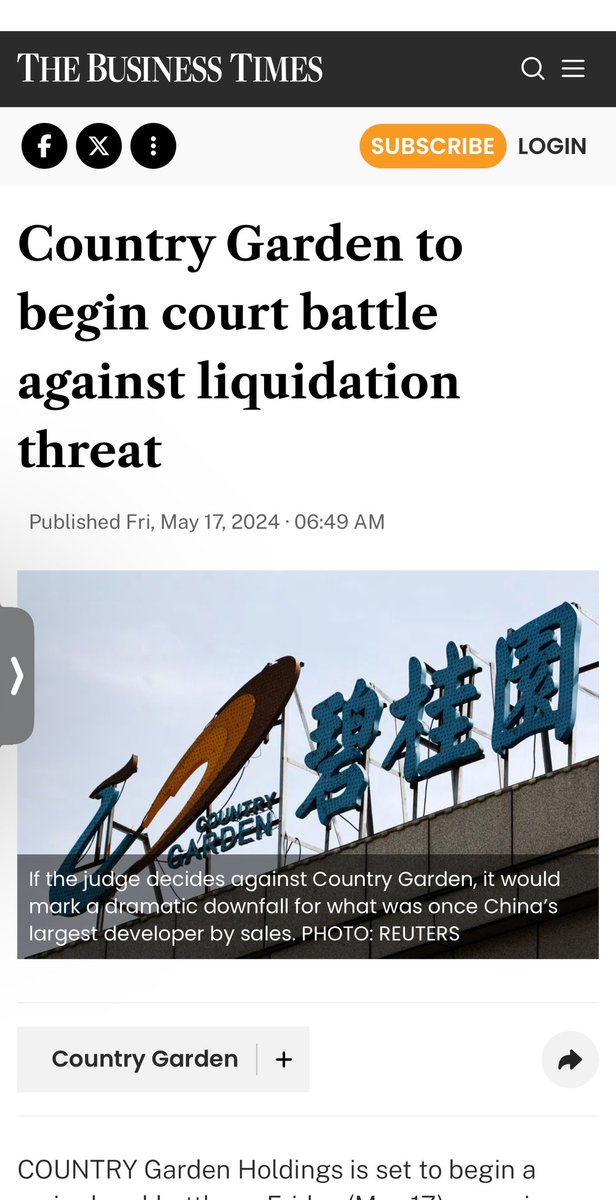 Country Garden faces liquidation threat after missing $276 Million loan payment plus interest '...If the judge decides against Country Garden, it would mark a dramatic downfall for what was once China’s largest developer by sales. No other developer of its size has faced such
