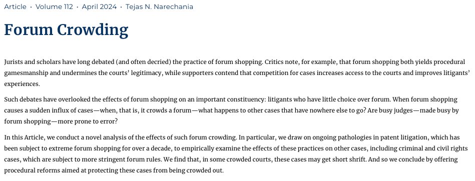 California Law Review (@califlrev) on Twitter photo <a href="/tnarecha/">Tejas N. Narechania</a>, Tian Kisch ('22), and Delia Scoville ('22) analyze the effects of forum crowding. By looking at forum shopping for patent litigation, the authors reveal that other kinds of cases, such as criminal and civil rights cases, may get short shrift. californialawreview.org/print/forum-cr… <a href="/tnarecha/">Tejas N. Narechania</a>, Tian Kisch ('22), and Delia Scoville ('22) analyze the effects of forum crowding. By looking at forum shopping for patent litigation, the authors reveal that other kinds of cases, such as criminal and civil rights cases, may get short shrift. californialawreview.org/print/forum-cr…