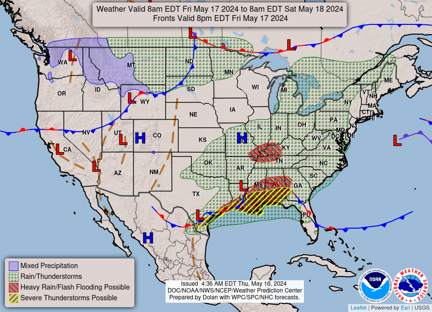 Heavy to excessive rainfall is forecast for eastern Louisiana into central Alabama and in the mid-Mississippi River Valley which could bring flash, urban, and riverine flooding Friday. Scattered severe thunderstorms with a few tornadoes, very large hail, and damaging winds are