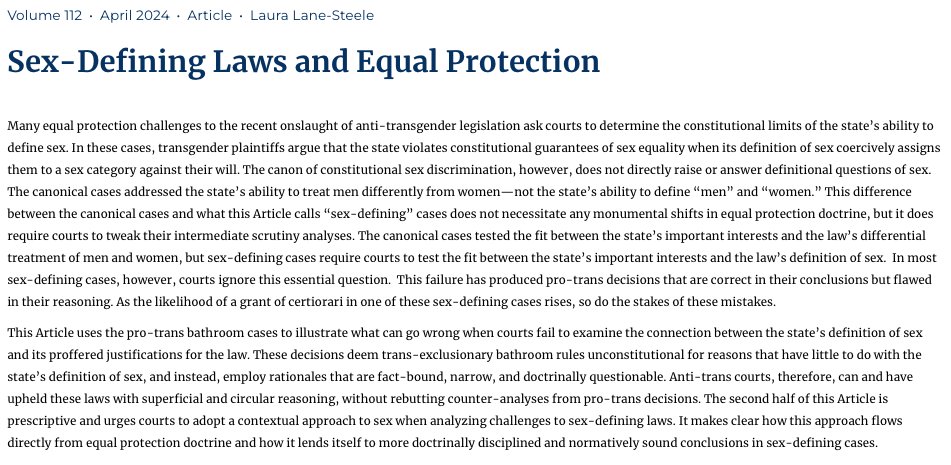 <a href="/LauraLane20/">Laura Lane-Steele</a> explains that reasonings in many sex-defining cases ignore an essential question, leaving pro-trans cases w/ correct conclusions but flawed reasoning. This article offers a contextual approach that will lead to more doctrinally sound outcomes. californialawreview.org/print/sex-defi…