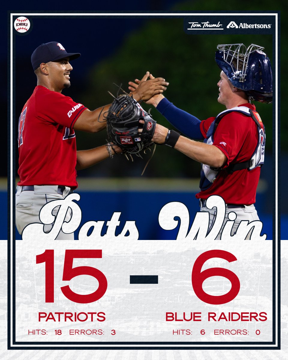 Pats score FIFTEEN for the SECOND time today👀 Next Up: 🆚 Middle Tennessee ⏰ TBD on Saturday 🏟️ Reese Smith Jr. Field #PATSWIN | #DBUBaseball