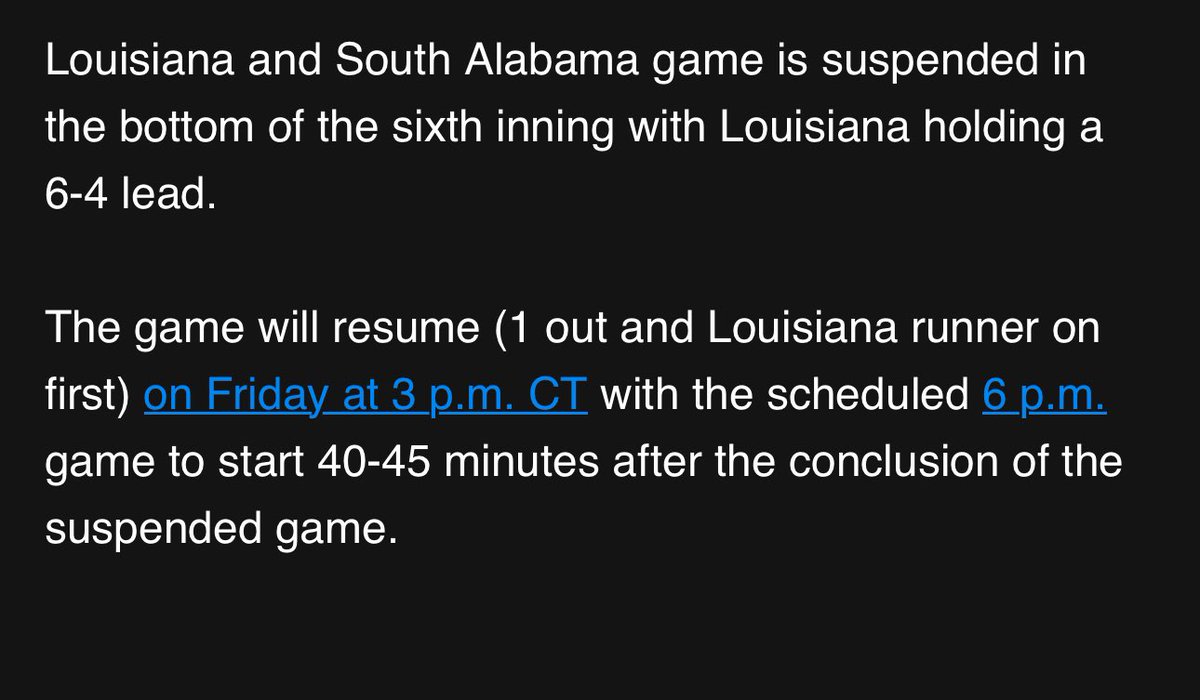 THIS JUST IN: The #Cajuns baseball game with South Alabama game is suspended in the bottom of the sixth inning with UL leading 6-4. @KATCTV3 More info 👇🏾