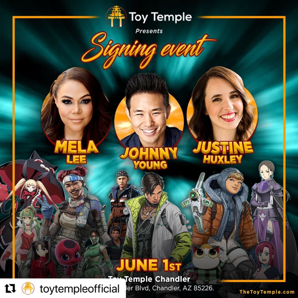 Wassup Arizona ! We’re making it out to @ToyTempleAz with @TheMelaLee & @JustineHuxley for a signing event in Chandler, Arizona (Phoenix area) it’s party time 🥳 Sat., June 1 from 11am - 3pm. Tix: tixr.com/groups/toytemp… #ApexLegends #Lifeline #Crypto #Wattson