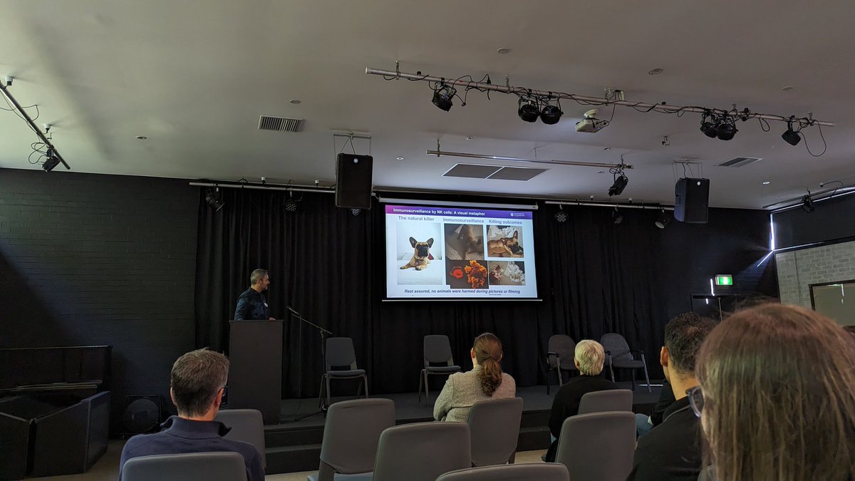 What a fantastic talk by <a href="/Fer_NK_nando/">Fernando Guimaraes</a> on weaponizing NK cells for cancer immunotherapy. So many new insights and a beautiful analogy of NK cell activity 🐕🧫. This couldn't be better explained. #ASIAdvImmSchool <a href="/ASImmunology/">Australian and New Zealand Society for Immunology</a> #Immunotherapy