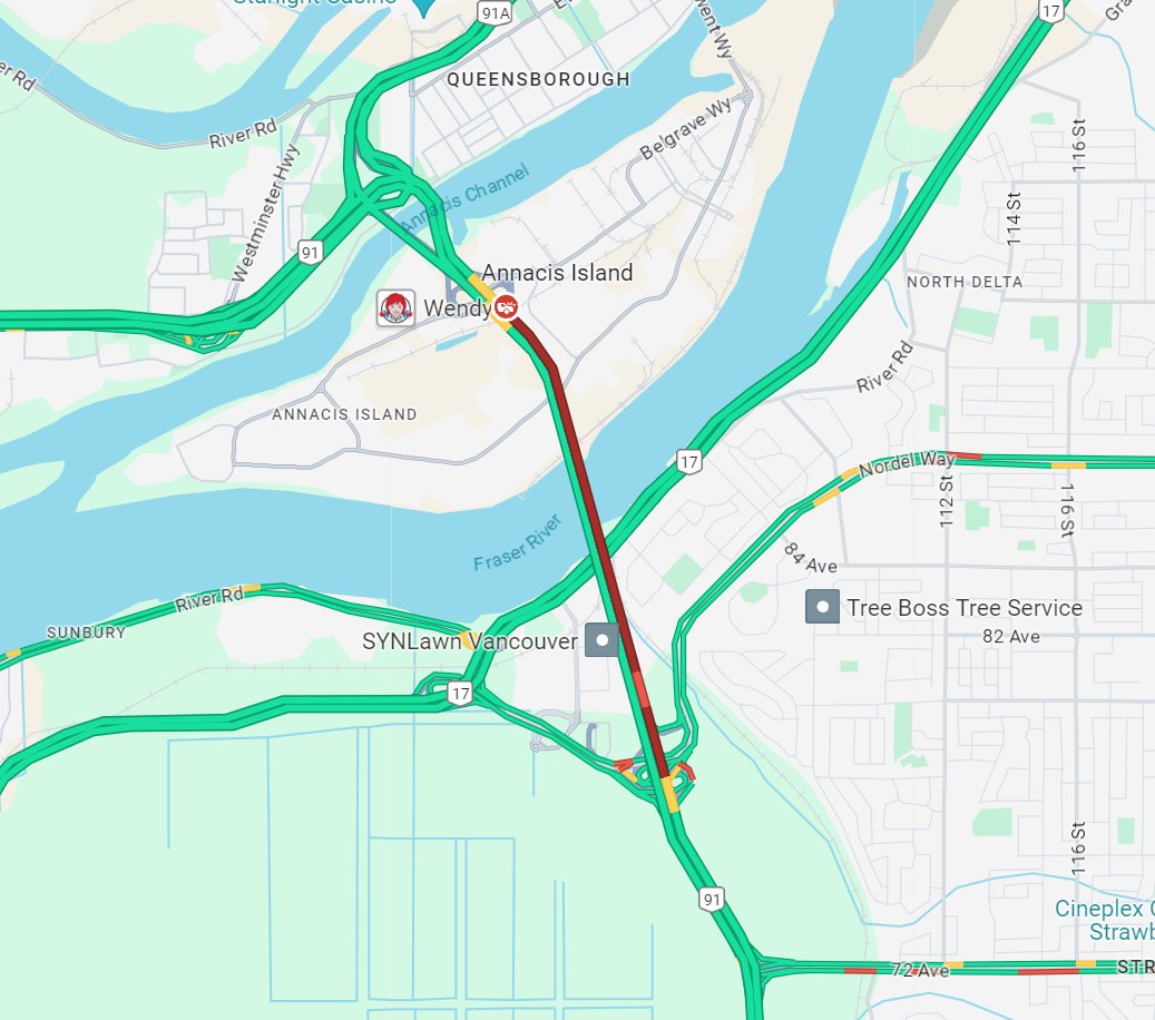 ⚠️UPDATE - #AlexFraserBridge First incident is clear. Another incident before the Cliveden overpass is blocking the northbound left and centre lanes. Crews on scene. Expect major delays. Consider an alternate route. #BCHwy91 #DeltaBC #RichmondBC

ℹ️Info:
drivebc.ca/mobile/pub/eve…