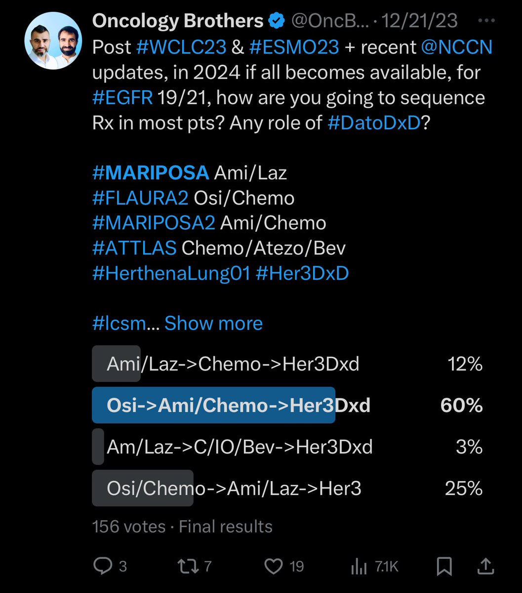 @christine_lovly @lungoncdoc @DrSteveMartin @ASCO @OncoAlert @MDAndersonNews @EGFRResisters @EgfrUk @ASCOPost @ConquerCancerFd @jillfeldman4 @LungCancerRx 👏👏👏 phenomenal work @lungoncdoc and @DrSteveMartin on this piece/practical analysis of the available data. Hopefully we will see updated data on #MARIPOSA (high risk patients) at #ASCO24! A poll we did to understand sequencing shortly after ESMO data last year 👇! But it will