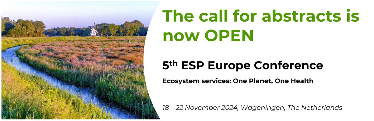 Call for abstracts is open for #ESP24Europe! 

Join us in Wageningen, NL this November for our 5th European conference. You can submit your work to one of the 60+ suggested sessions: espconference.org/europe2024/cal…

Deadline for submissions - 15 July!
#ecosystemservices #onehealth