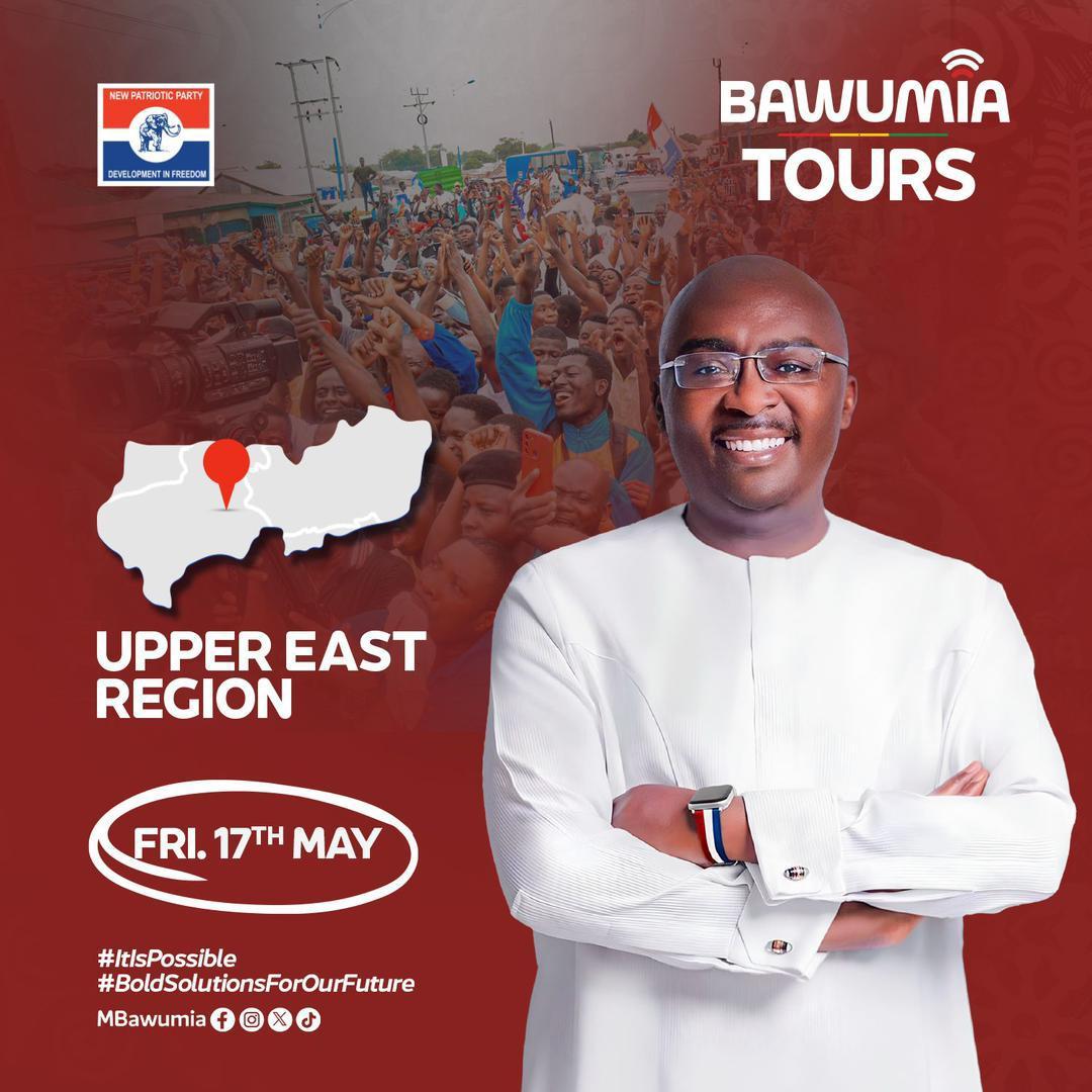 The Upper East Region will experience a major shake up today. Dr. Bawumia's message of Hope detailing #GhanasNextChapter will be brought to them today.

#Bawumia2024 
#ItIsPossible 
#BoldSolutionsForOurFuture
#GhanasNextChapter 
#BawumiaTours