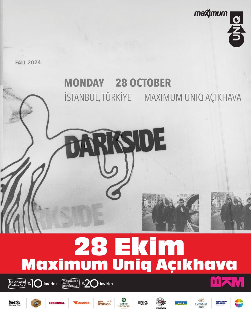 Hazır mısınn? DARKSIDE, Avrupa Turnesi kapsamında 28 Ekim’de Maximum Uniq Açıkhava’da! Biletler şimdi satışta! 🎫
🌌 #MaximumUniq #ÇünküÇokGüzel 

Biletler:
Biletix 👉 bit.ly/3QTcABp
İş Bankası kartlarına %10, Maximiles Black ve Privia Black’e %20 indirim.