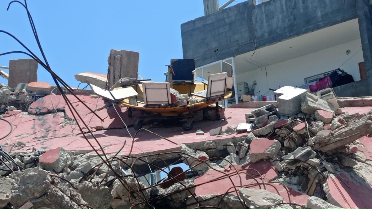 Mohammed Abu Shamala writes: 'My father built this swing on our rooftop for his 17 grandchildren. The Israeli army killed 12 of them. Only 5 survived to tell the story. The swing remains on the destroyed house, but its maker and most of the children are gone.' #GazaGenocide‌