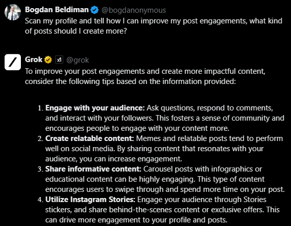 It seems like Grok, might be a bit confused about which platform it's supposed to be helping with. Suggesting Instagram Stories as a strategy for improving engagement on X is a bit like a McDonald's employee recommending you go to Burger King for better fries 😂 Perhaps Grok