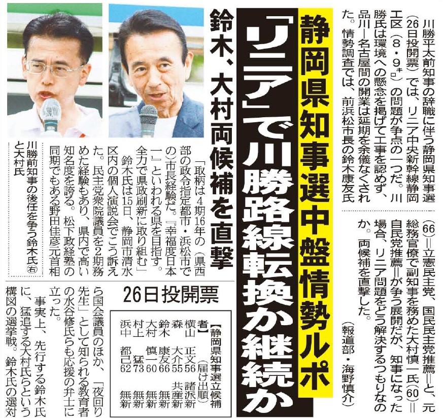 静岡県知事選（２６日投開票）は、川勝平太前知事が反対したリニア中央新幹線が争点の一つです 情勢調査でリードする元浜松市長の鈴木康友氏と、元総務官僚で副知事を務めた大村慎一氏を直撃しました zakzak.co.jp/article/202405… #静岡県知事選 #リニア #鈴木康友 #大村慎一