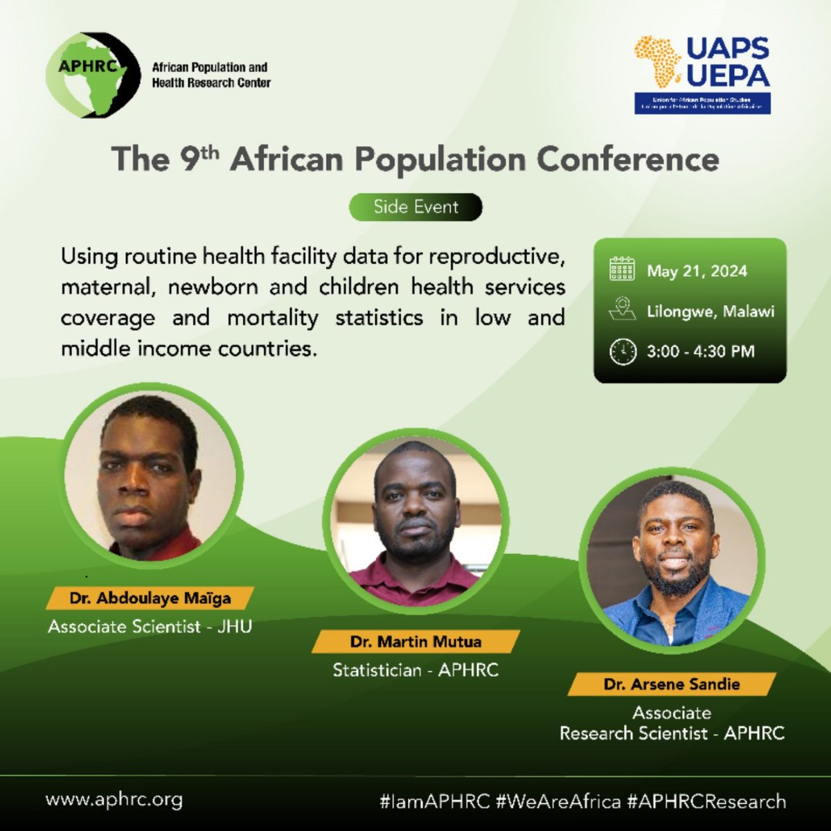 APHRC at The 9th Africa Population Conference by @UAPS_UEPA.

Join us for an informative session on reproductive, maternal, newborn, and children's health services.

#APC2024 #9thAPC #APCMalawi #WeAreAfrica #APHRCResearch