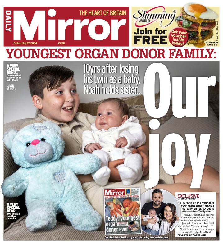 Such an uplifting story on the front of the @DailyMirror today. The twin of Britain's youngest ever organ donor cradles his baby sister, 10 years after brother Teddy died. Such a moving story by @emily_retter with pictures by Rowan Griffiths mirror.co.uk/news/uk-news/p…