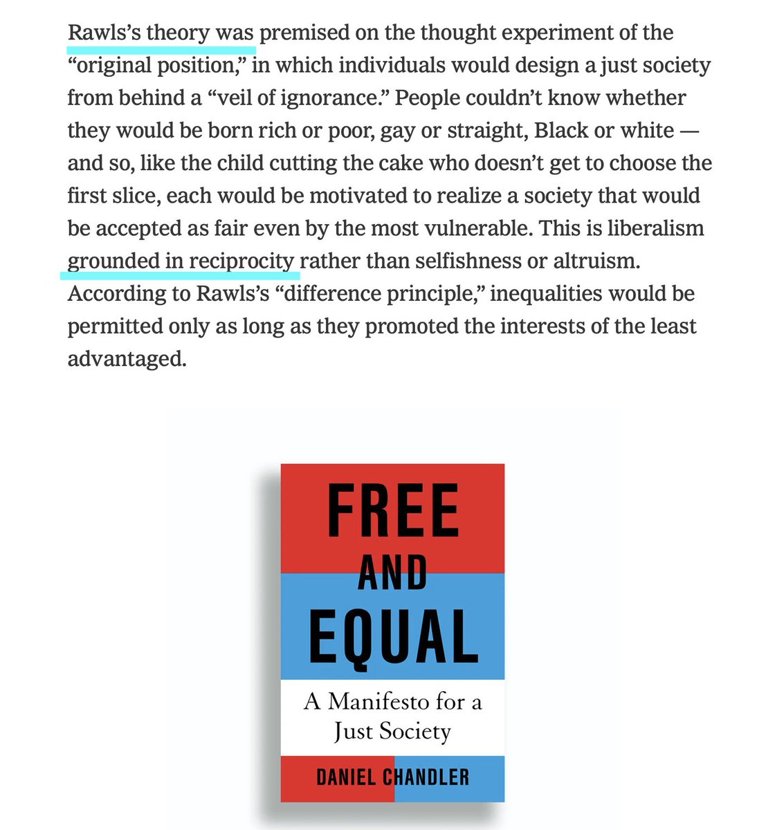Can a 50y-old idea save #democracy? The economist and philosopher @dan_chandler thinks so. In his #book #FreeandEqual he makes a vigorous case for adopting the liberal political framework laid out by #JohnRawls in the 1970s - @jenszalai @nytimes nytimes.com/2024/05/08/boo…