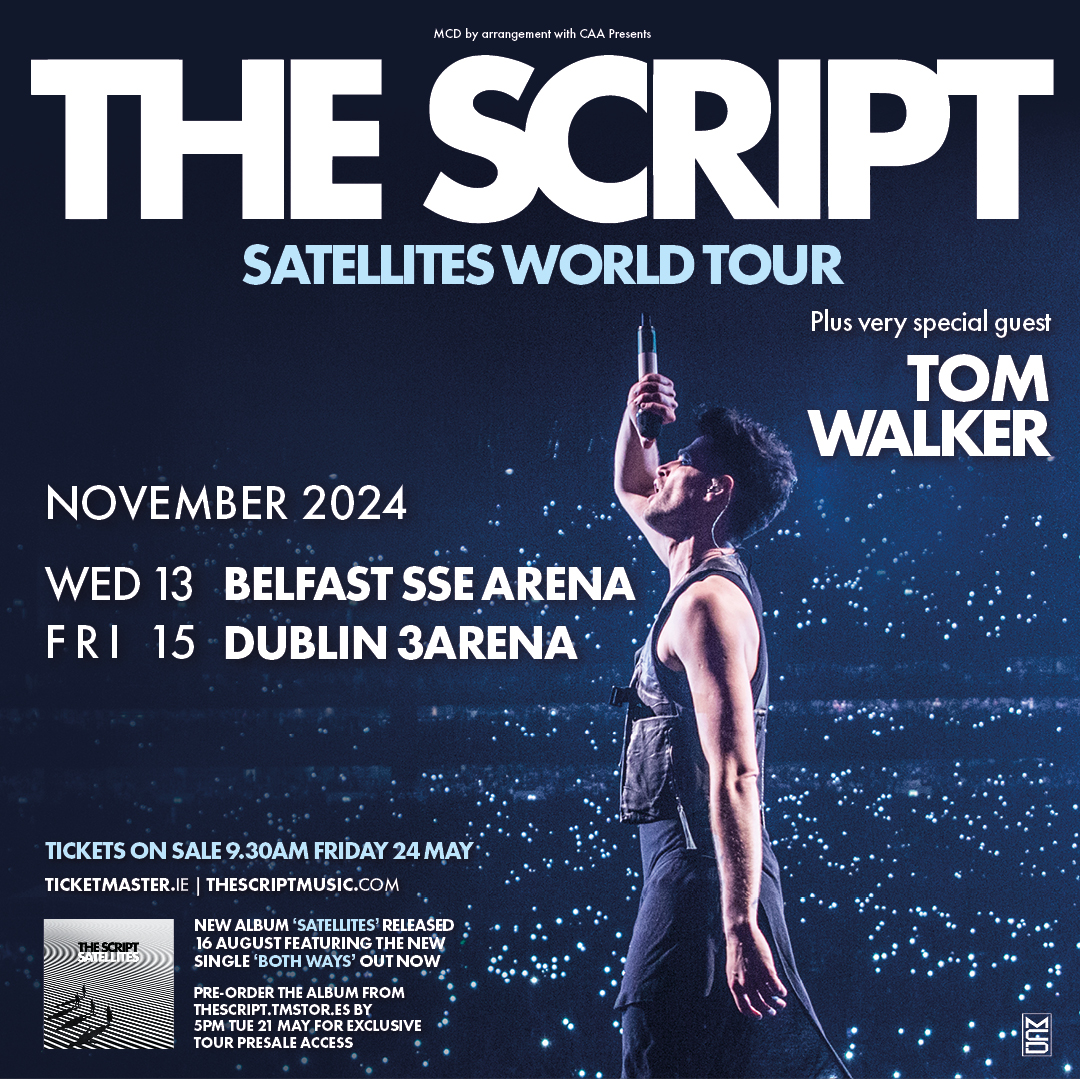 .@thescript have just announced the new album 'Satelites' along with a new tour 🙌 The tour includes shows at @SSEBelfastArena on 13 November and @3ArenaDublin on 15 November 2024 💫 🎫 Tickets on sale next Friday at 9:30am bit.ly/3ynnMjl