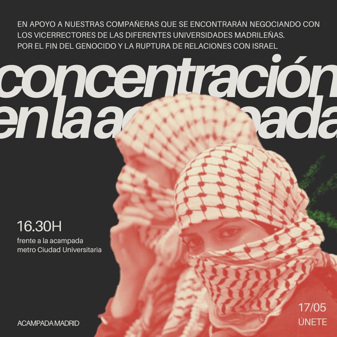 Hoy tendrá lugar la segunda negociación con los vicerrectores de diversas universidades de Madrid. Hacemos un llamamiento general para apoyar a las compañeras que entren a exigir la ruptura completa con Israel, ¡ven! ¡Por Palestina! 🇵🇸