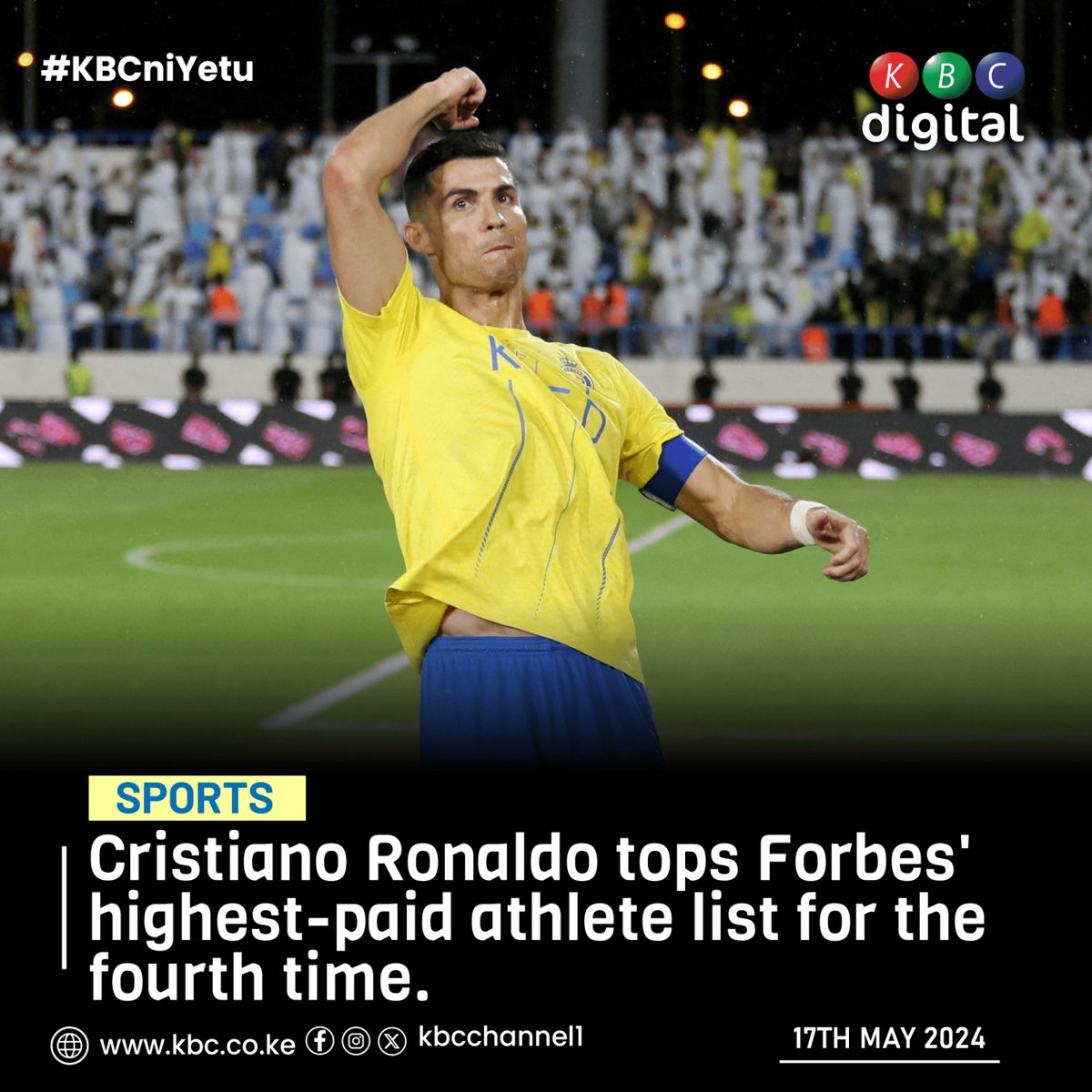 Cristiano Ronaldo tops Forbes' highest-paid athlete list for the fourth time. ^DA #Kimibayo #IngoFM