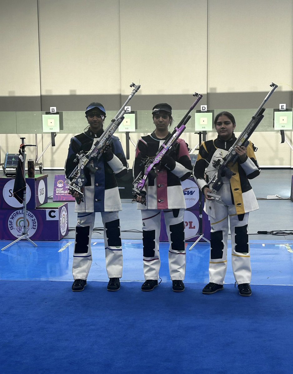 OST T3 update: Here are the winners of the women’s 10M Air Rifle OST T3. Ramita (centre) wins it ahead of Elavenil (left) @elavalarivan in 2nd & Nancy (right) in 3rd. All to play for in the fourth on Saturday. #OlympicSelectionTrials #Road2Paris #IndianShooting