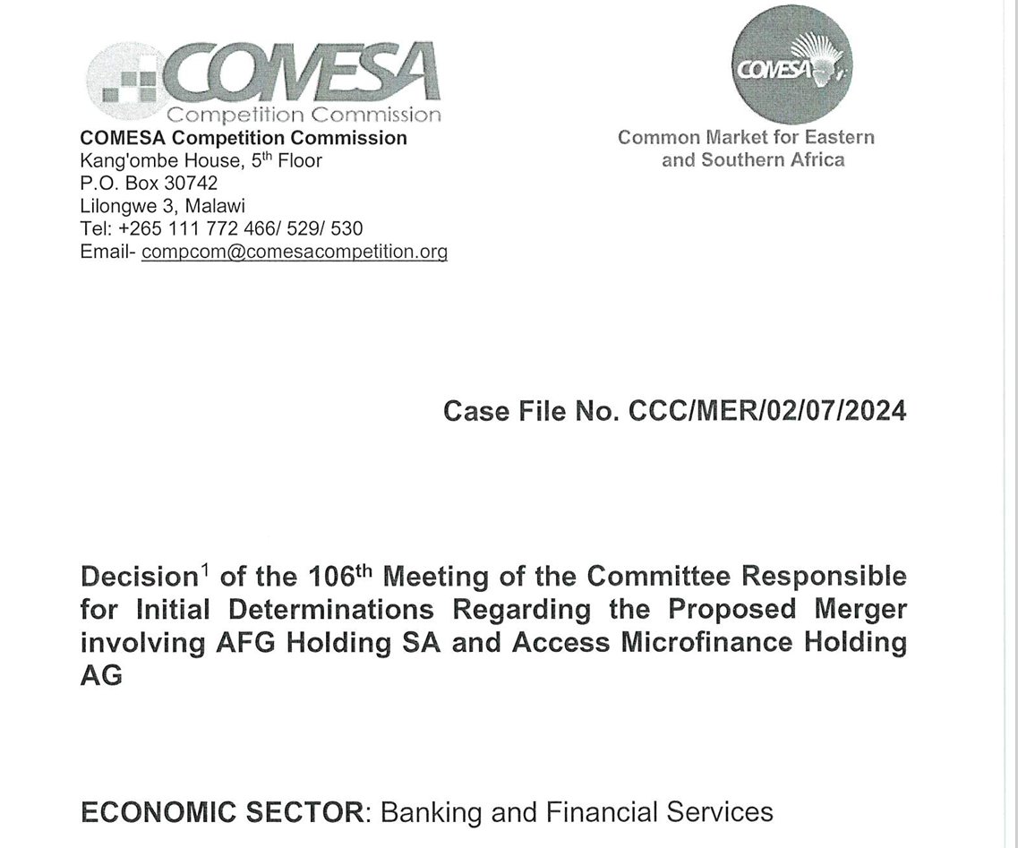 CCC has published a #MergerDecision-Proposed Merger involving AFG Holding SA &Access Microfinance Holding AG with respect to the #banking& #financialservices economic sector. The proposed merger has been approved. For more details; comesacompetition.org/mergers-acquis…