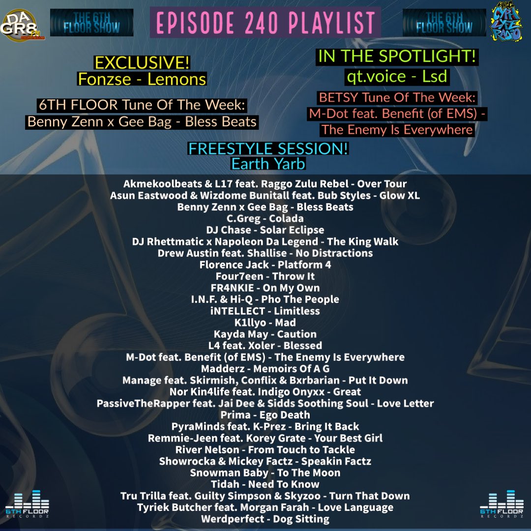 Episode 240 #ComingSoon 21/05/24 #The6thFloorShow

@Fonzse @EarthYarbMusic @AKMEKOOLBEATZ @airklipz @raggozulurebel @AsunEastwood @Bunitall @djchase @BennyZenn @GEEBAGULAR @rhettmatic @TeamNDL @mrdrewaustin @whosfourteen @FR4NKIE365 @infmusiq @HiQban