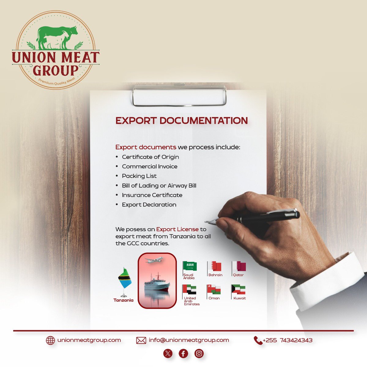 unionmeatgroup's tweet image. Bringing the flavors of East Africa to the Gulf! 🌍✈️ With our expert team handling export documentation and a coveted export license from Tanzania to all GCC countries, Union Meat Group ensures seamless meat exports every step of the way. #UnionMeatGroup #EastAfricaToGCC