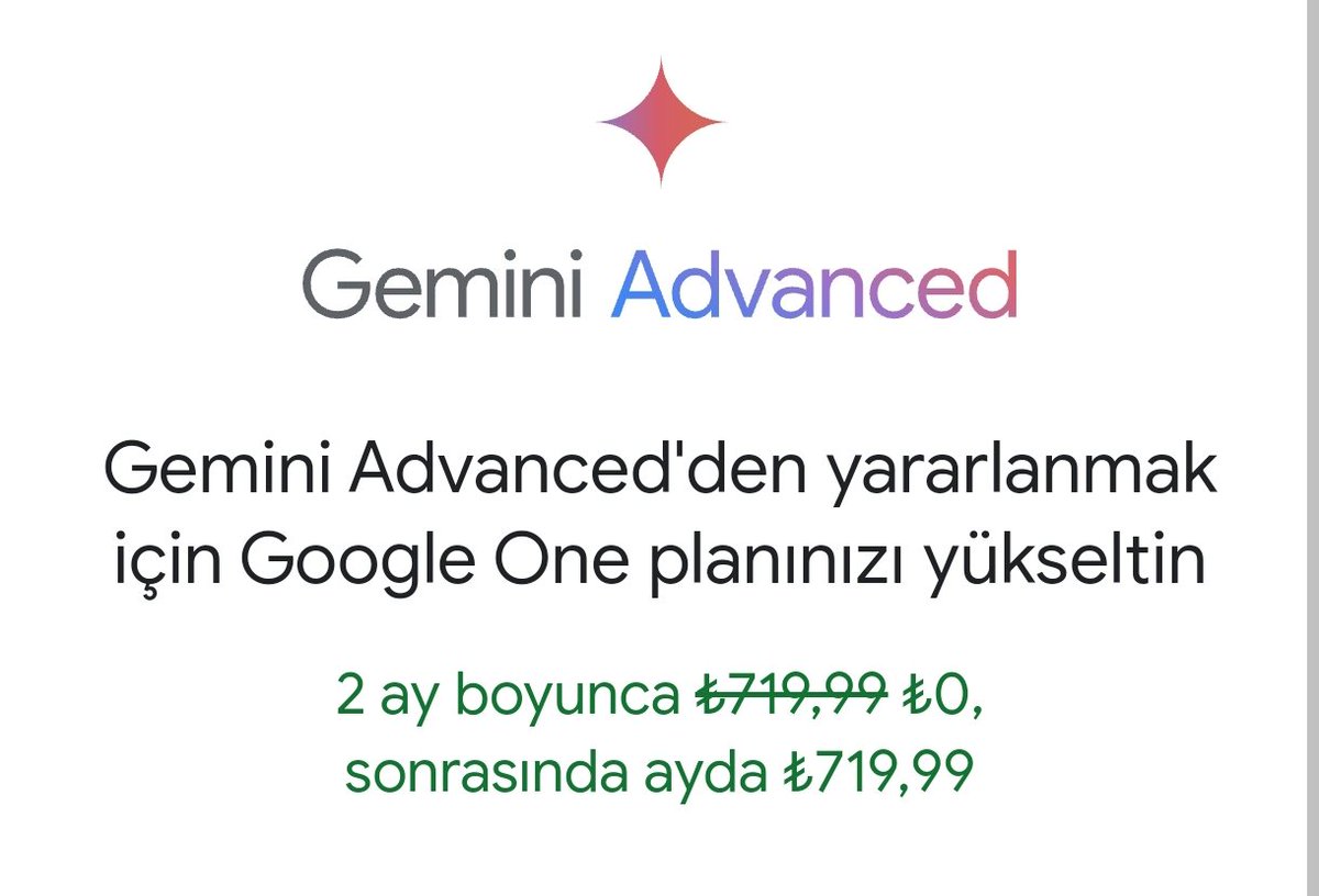 Google, Gemini Advanced hizmetini 2 ay boyunca ücretsiz denememize imkân sağlamış. gemini.google.com adresine gidin, ücretsiz deneyin.