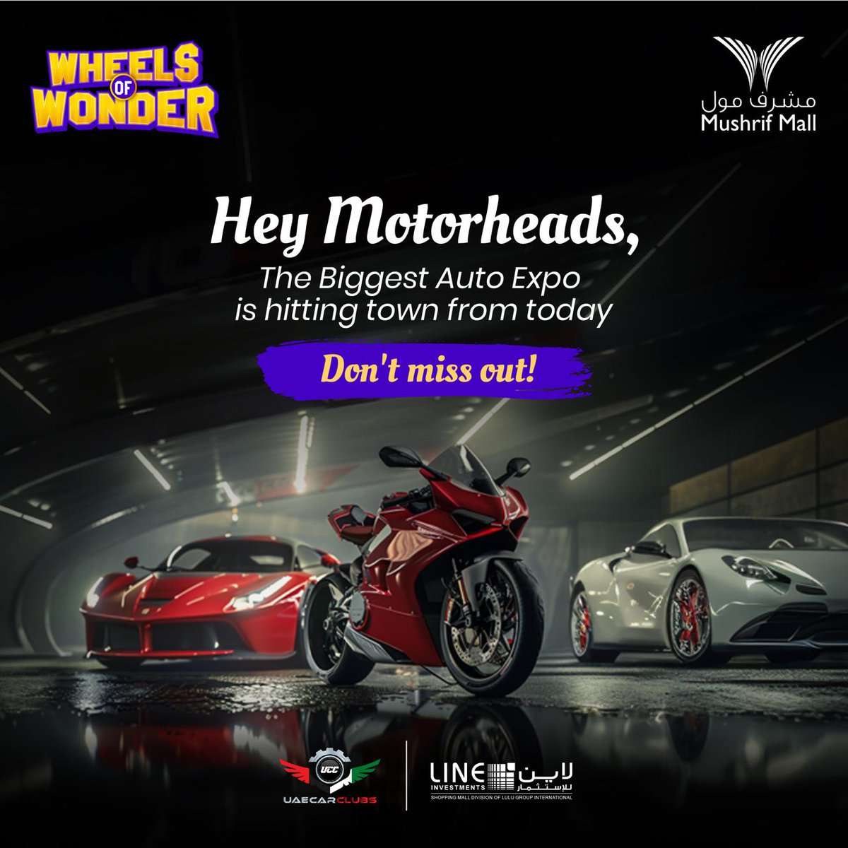 Gearheads unite!  Wheels of Wonder roars on May 17-19th. Don't miss this epic gearhead gathering!

هدير المحركات اجتمعت! يُقام Wheels of Wonder في الفترة من 17 إلى 19 مايو. لا تفوت هذا التجمع الملحمي الصاخب!

#MushrifMall #WheelsOfWonder #AutoExpo #supercars #supercarsofuae