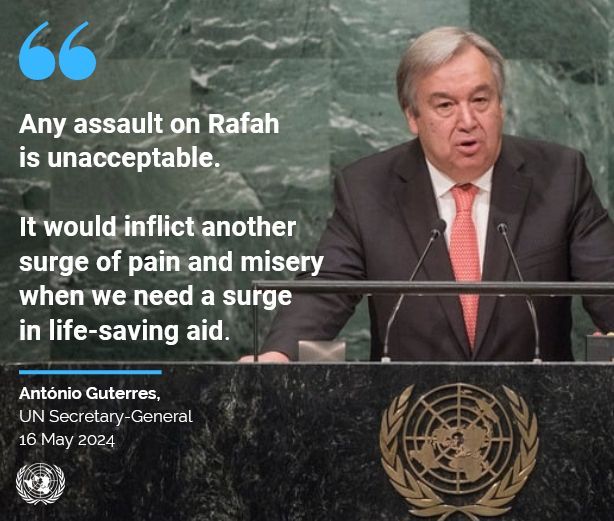 UN chief @antonioguterres reiterated his warning against a full-scale assault on #Rafah, just as aid teams issued increasingly urgent appeals for safe passage throughout Gaza.

buff.ly/3K2Fo6y