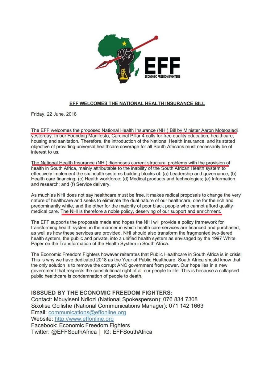 The Economic Freedom Fighters both - supports AND rejects - the NHI