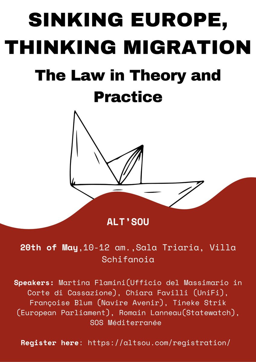 In the context of the EUI Alternative State of the Union, @AgostinaPirrell, Clara Müller and I are organising a roundtable on the theme 'Sinking Europe, Thinking Migration: the Law in Theory and in Practice' 
The event will kick off at 10 in Villa Schifanoia next Monday 1/2