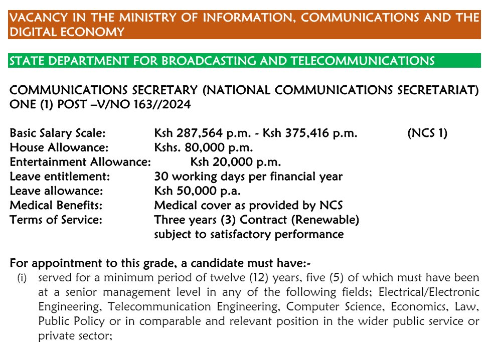 EXCITING OPPORTUNITY: We are looking for a new CEO at <a href="/NCS_Kenya/">National Communication Secretariat</a>! Deadline for applications is on 4th June 2024:
publicservice.go.ke/index.php/recr… #DigitalEconomyKE <a href="/MoICTKenya/">Ministry of Info, Comms & The Digital Economy KE</a> <a href="/CA_Kenya/">Communications Authority of Kenya (CA)</a> <a href="/ICTAuthorityKE/">ICT Authority</a> <a href="/konzatech/">Konza Technopolis Development Authority</a> <a href="/Kenyayearbook/">Kenya Yearbook Editorial Board</a> <a href="/MediaCouncilK/">Media Council of Kenya</a> <a href="/ODPC_KE/">OFFICE OF THE DATA PROTECTION COMMISSIONER</a> <a href="/kbcnational/">KBC</a> <a href="/Posta_Kenya/">Posta Kenya Support</a>