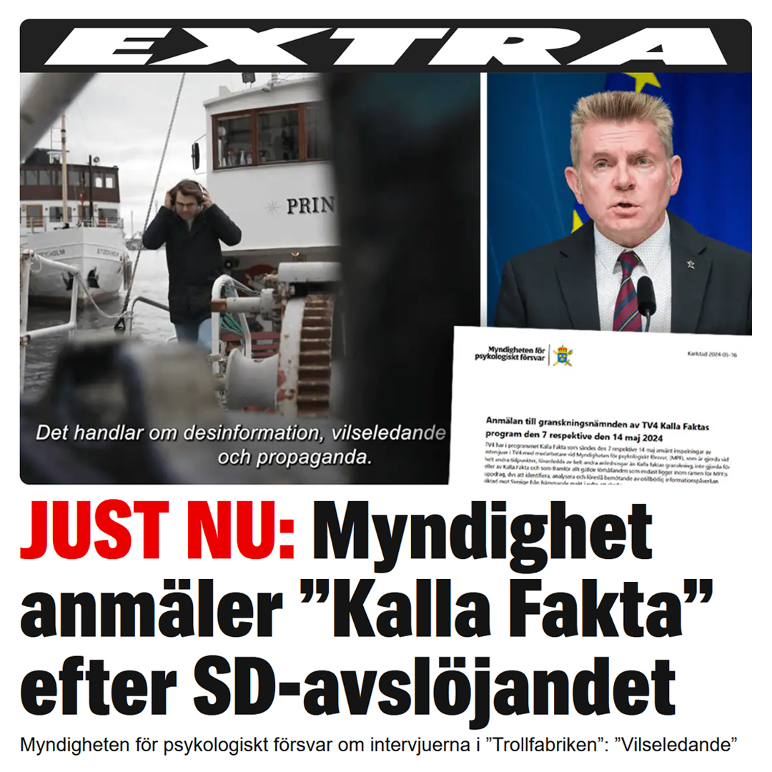 'Myndigheten för psykologiskt försvar har anmält ”Kalla Faktas” avslöjande om SD:s trollfabrik till Granskningsnämnden. Enligt myndigheten har programmet använt intervjuer med myndighetens personal ur sitt sammanhang. Programmen ”riskerar att åsamka en betydande skada för