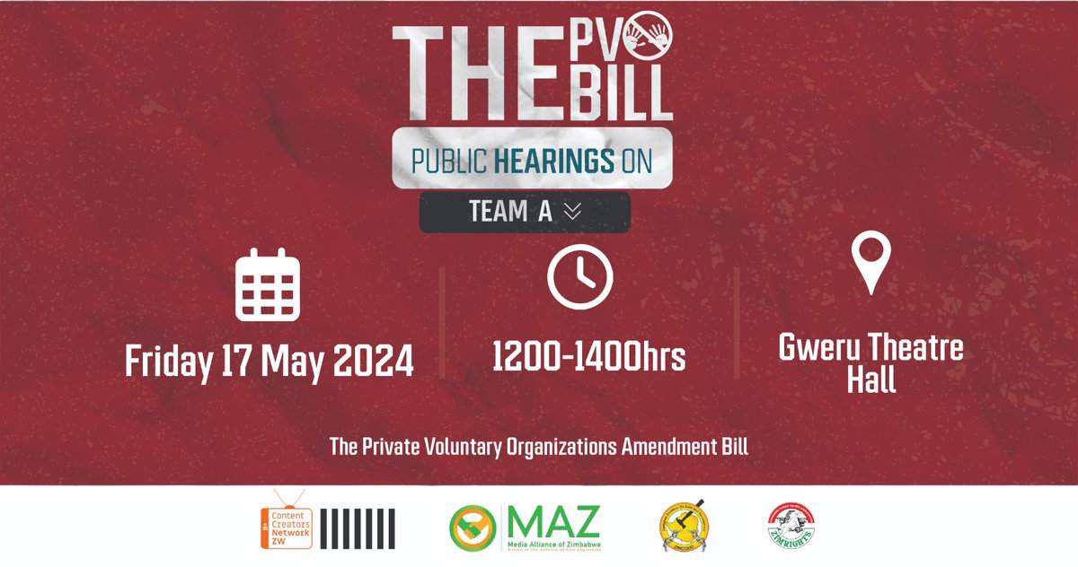 Reminder: #PVOBill Public Hearings Today is the last day of the Hearings happening in Harare and in Gweru. Your voice matters! Attend, share your views, and choose the right direction for Zimbabwe. You also have an option to submit your written views to clerk@parlzim.gov.zw.