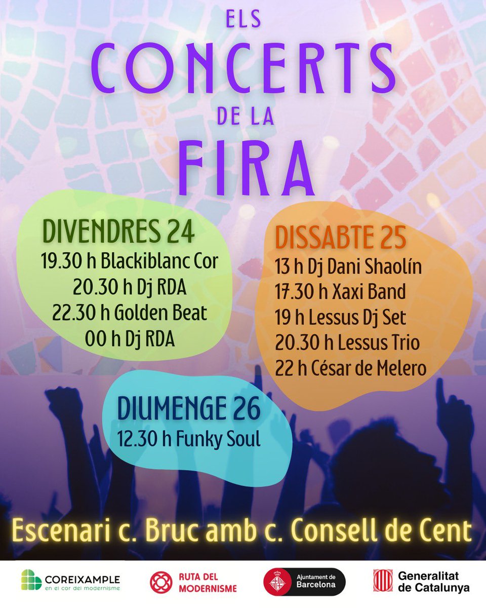 🎶 Els concerts de la Fira 🪩

✨A quin no hi faltaràs? #coreixample #músicaendirecte #concert #dj #music #firamodernista2024 #bcn #eixampledreta