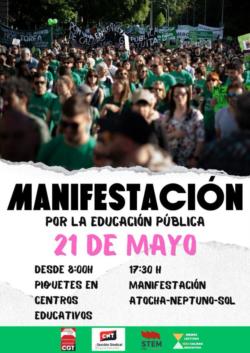 stemstes's tweet image. ✊🏼EL 21 DE MAYO, VOLVEREMOS A DAR EJEMPLO💥

La apuesta de STEM: la lucha unitaria del profesorado por el profesorado.

📌 Nos encontramos en la Cuesta de Moyano.

#VoyALaHuelga