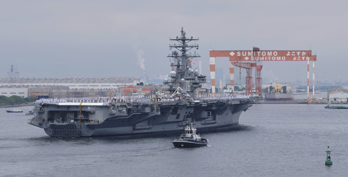 Carrier USS RONALD REAGAN CVN76 said farewell to Japan 16 May as she left Yokosuka to rendezvous with USS GEORGE WASHINGTON CVN73 in San Diego for a turnover. REAGAN had been based at Yokosuka since 2015. Cruiser ROBERT SMALLS CG62 and destroyer HOWARD DDG83 left with Ronnie