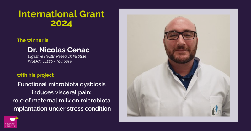 🏆Congratulations to Dr. Nicolas Cenac🇫🇷(from @Inserm) for winning the international grant!

🔬His project is on the mechanism by which stressed mothers' milk may impair #microbiota implantation, leading to pain.

Learn about Dr. Cenac's innovative work👇
biocodexmicrobiotafoundation.com/international-…
