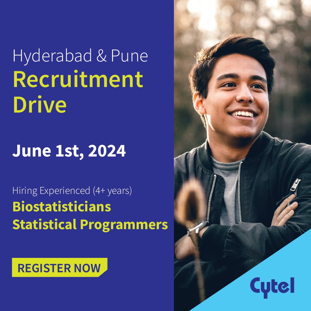 cytel's tweet image. 📅 Please mark your calendars and join us on June 1st for our Virtual Recruitment Drive in India!
Apply now to be considered: hubs.ly/Q02xwQDb0
OR reach out via email to TAC.APAC@cytel.com
#WeAreHiring #StatisticalProgrammer #Biostatistician #CytelWithoutQuestion