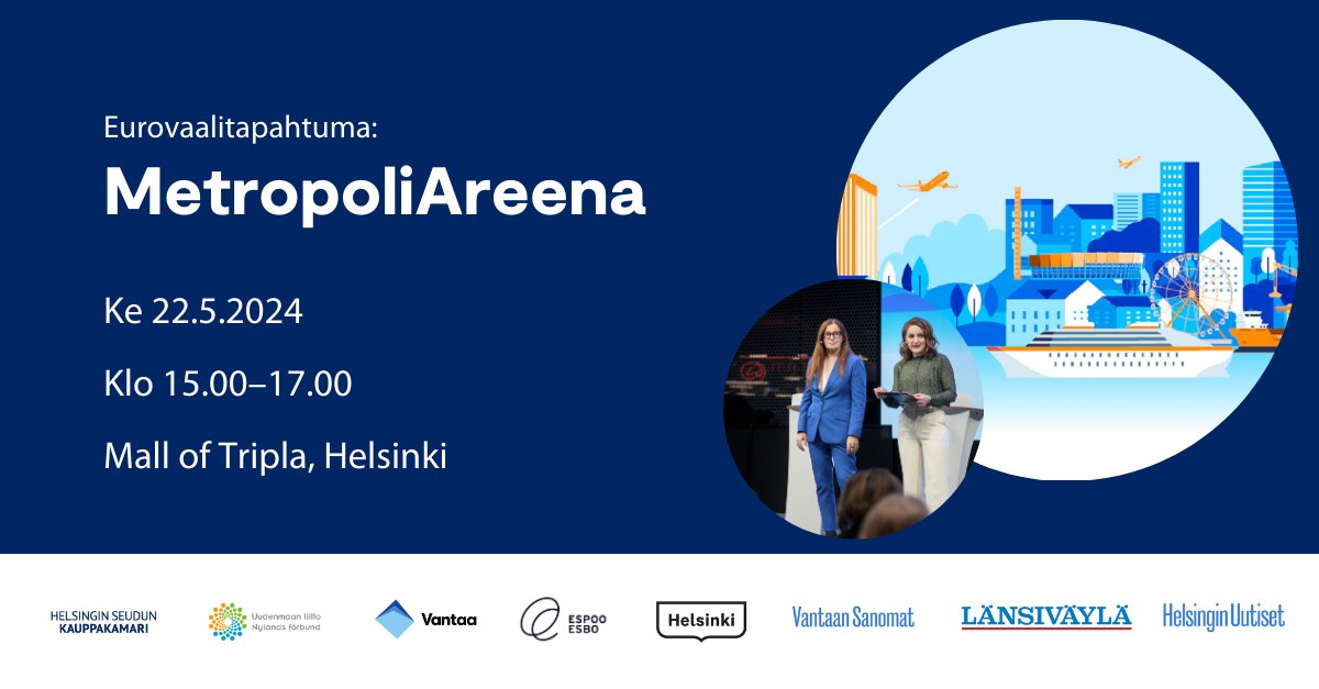 Tervetuloa #MetropoliAreena-tapahtumaan seuraamaan suurta EU-vaalikeskustelua! Tapahtuma järjestetään keskiviikkona 22.5. klo 15–17 Mall of Triplan Tapahtuma-aukiolla Helsingissä.

Lue lisää: uudenmaanliitto.fi/tervetuloa-suu…

#Metropolipolitiikka #EUvaalit