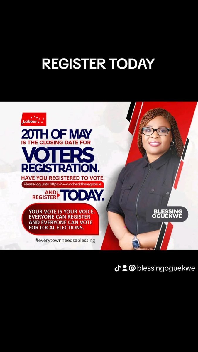 Who needs to be registered? Next Monday the 20th of May is the last day for Registration. I'm available to register anyone who has not registered, just call or text me. YOUR VOTE IS YOUR VOICE, REGISTER TODAY, SO YOU CAN SUPPORT ME🙏checktheregister.ie/en-IE/. You can use the link